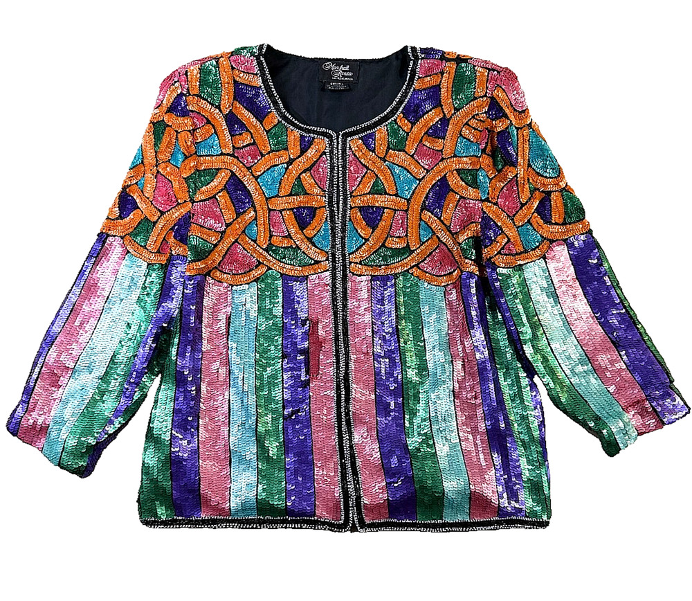 Vintage Marshall Rousso Las Vegas 1980s Silk Sequin Open Front Padded Jacket S/M